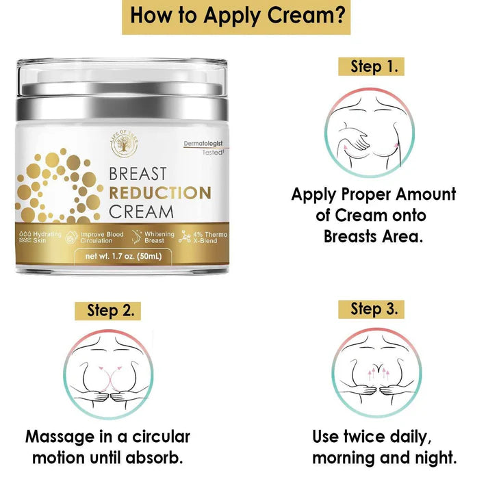 Breast reduction cream with application instructions on a white background