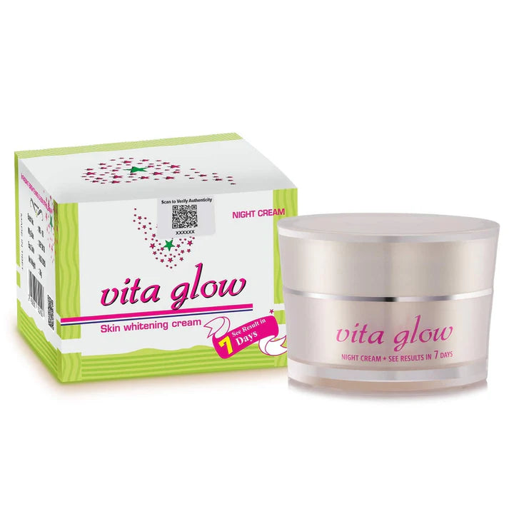 Vita Glow skin whitening cream jar and packaging on a white background