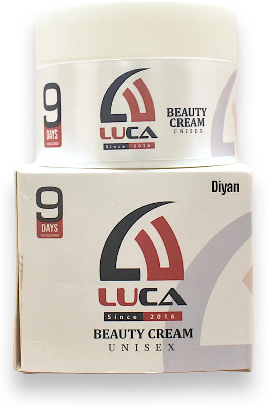 Luca beauty cream jar and packaging on a white background