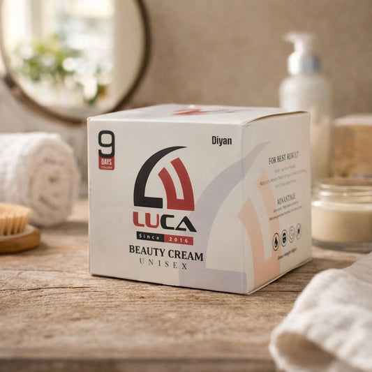 Box of Luca beauty cream on a wooden surface with bathroom items in the background