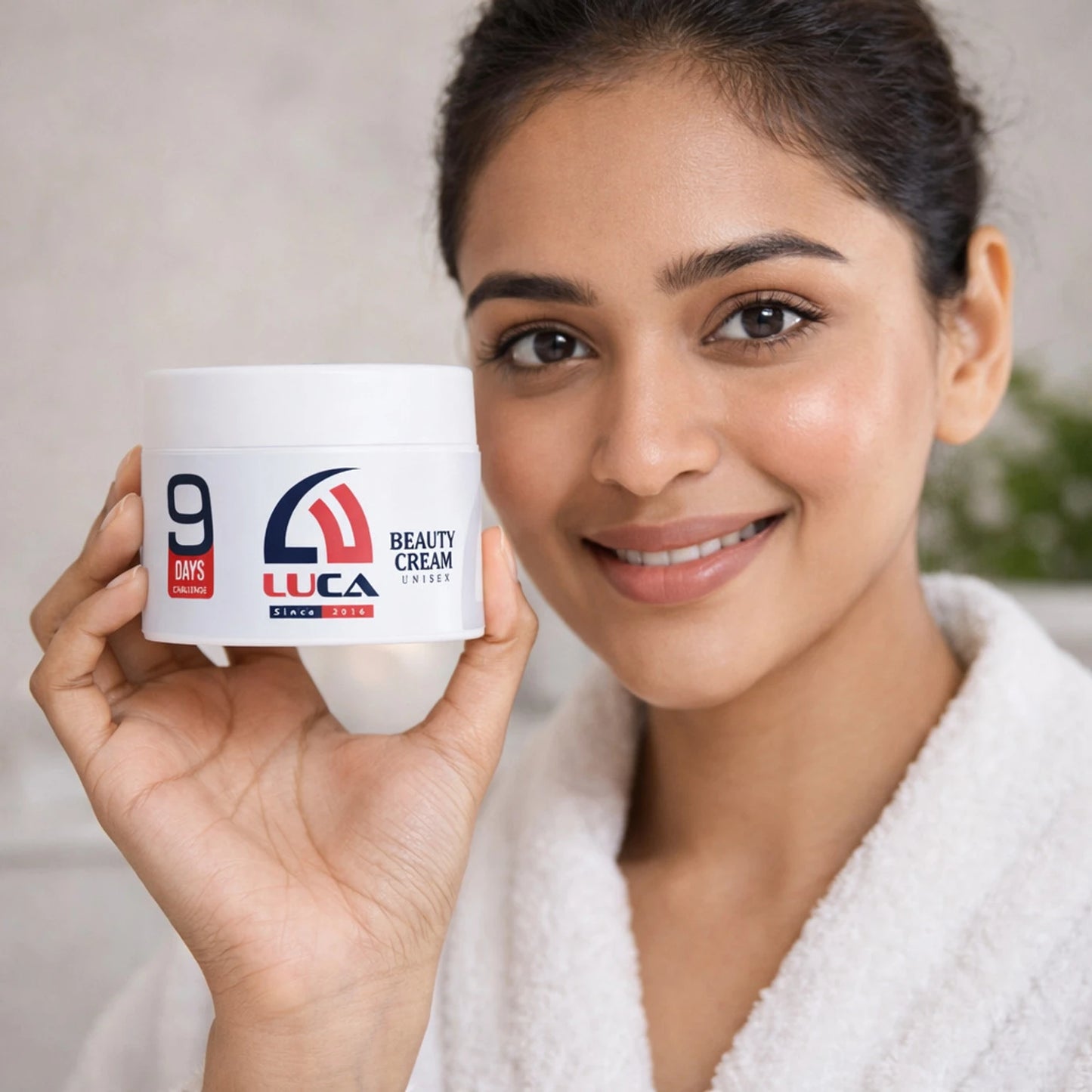 Woman holding a container of Luca Beauty Cream with a blurred background