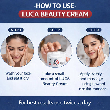 Instructions on how to use Luca Beauty Cream with step-by-step guide and product image.