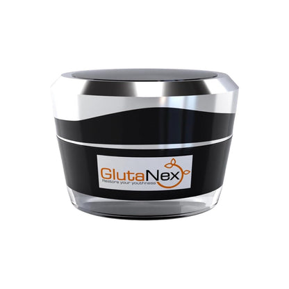 Black and silver jar with Glutanex logo on a white background