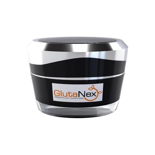 Black and silver jar with Glutanex logo on a white background