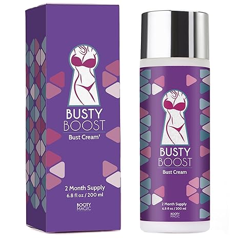 Busty Boost bust cream packaging with purple and silver design