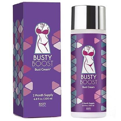 Busty Boost bust cream packaging with purple and silver design
