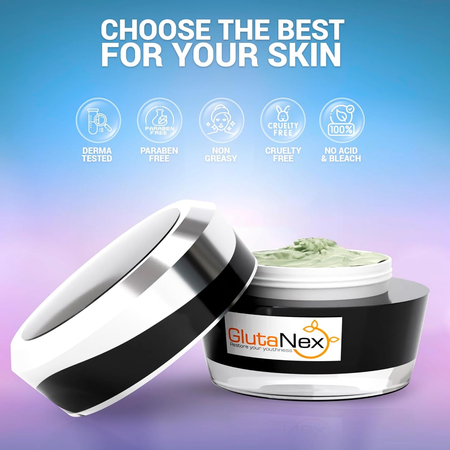 GlutaNex skincare product with open jar on a gradient blue and purple background