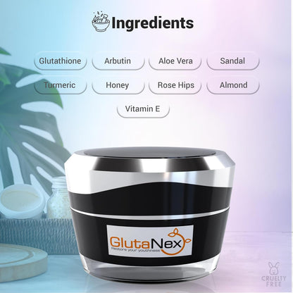 Glutanex skincare product with ingredient list on a blurred background