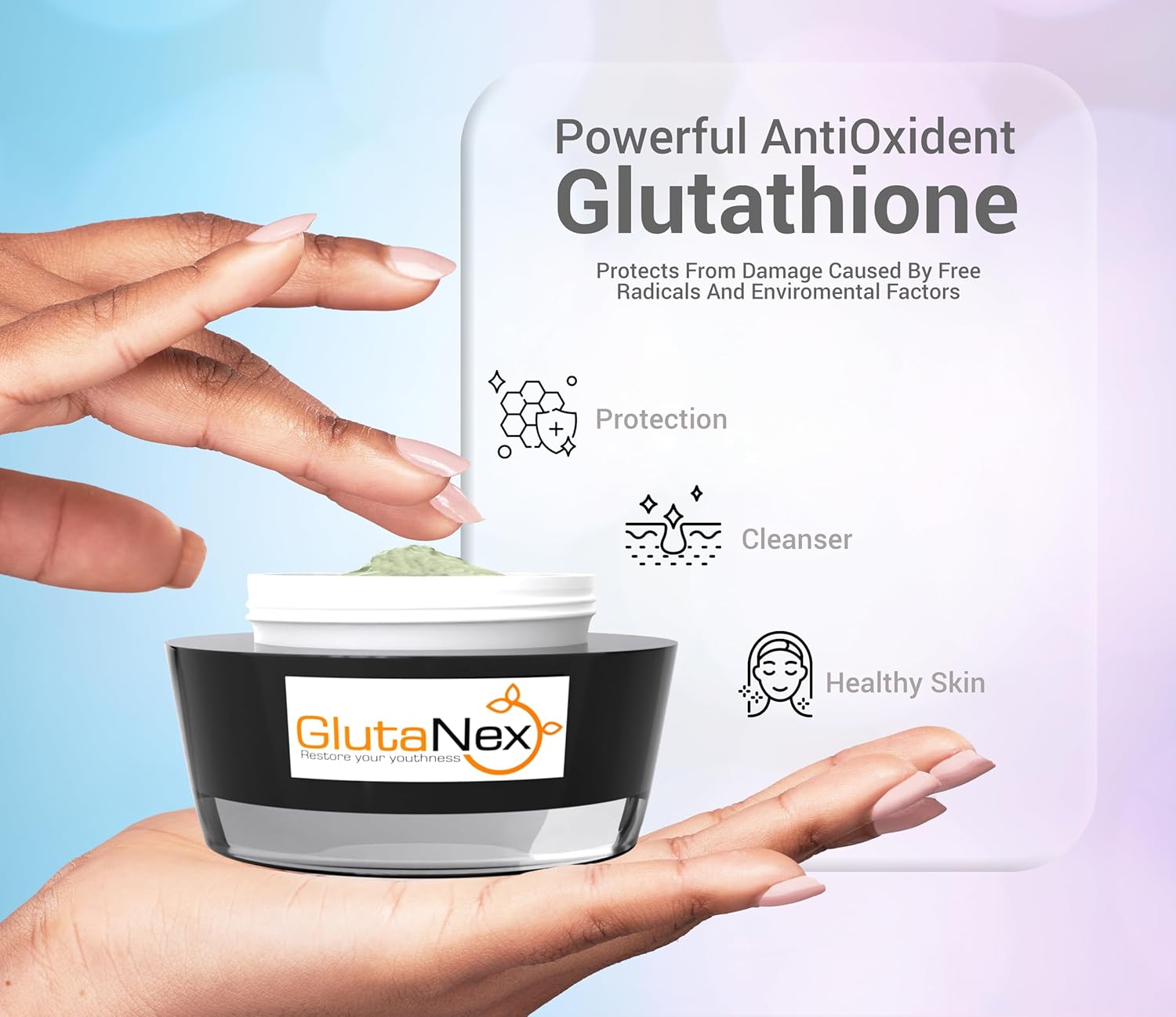 GlutaNex skincare product with glutathione benefits on a gradient background
