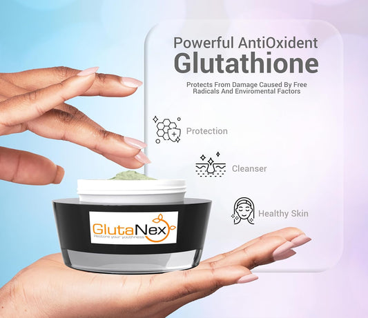 GlutaNex skincare product with glutathione benefits on a gradient background