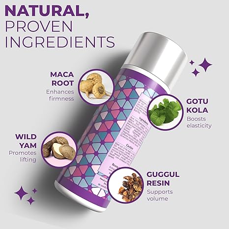 Cosmetic bottle with natural ingredient labels on a light gray background