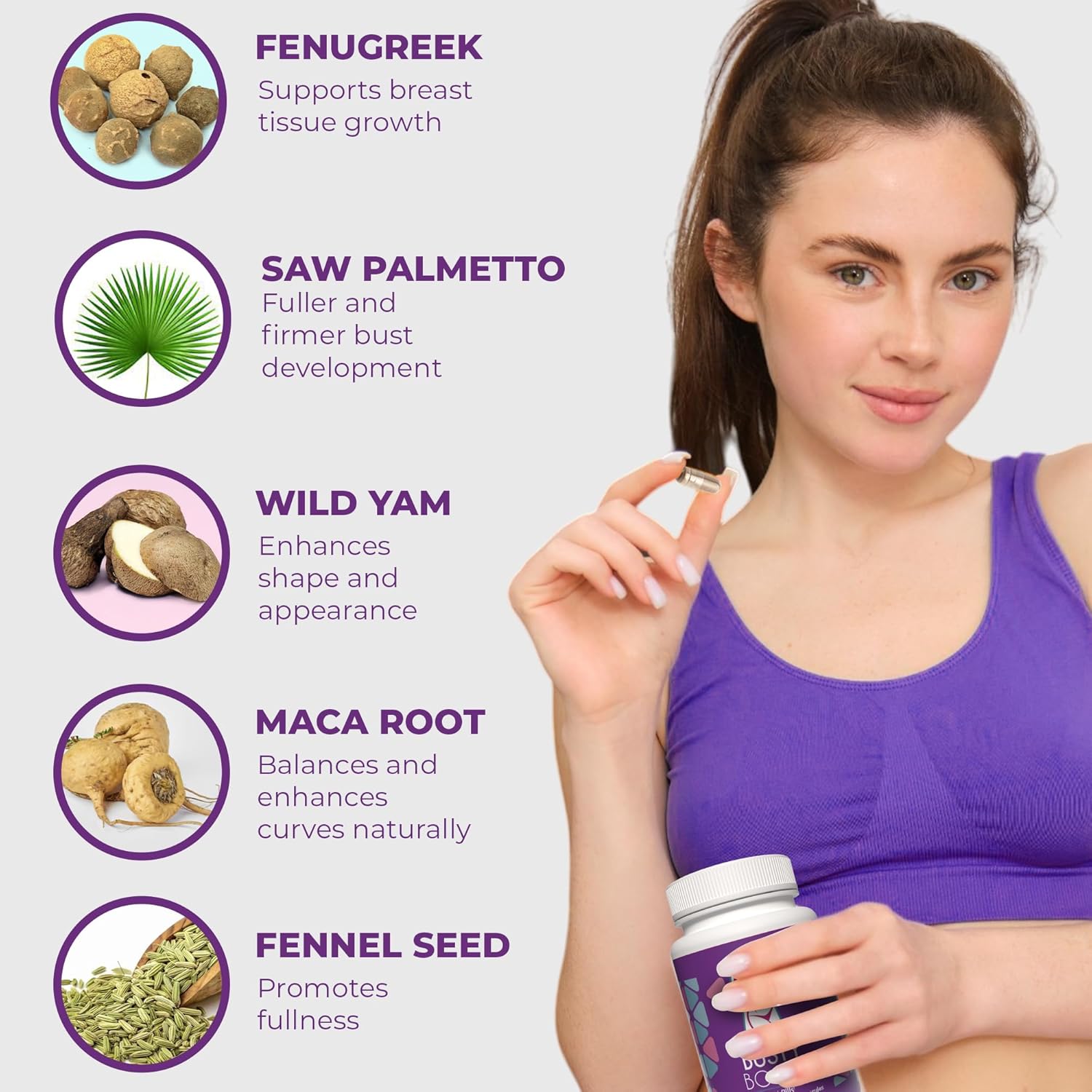 Woman holding a supplement bottle with health benefits listed on a light gray background