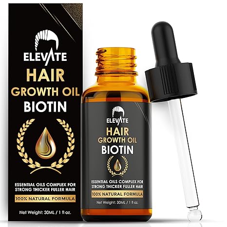 Hair growth oil with dropper and packaging labeled 'Elevate' on a white background