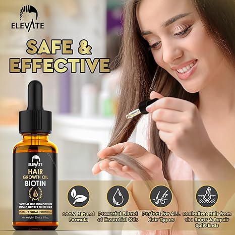 Elevate hair growth oil with a woman using it, labeled as safe and effective.