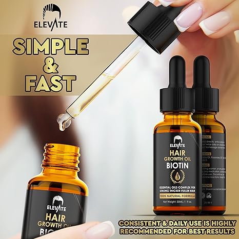 Hair growth oil bottles with dropper and 'Elevate' branding, highlighting simplicity and speed.