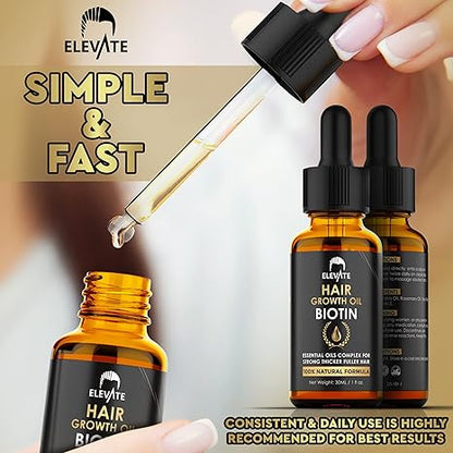 Hair growth oil bottles with dropper and 'Elevate' branding, highlighting simplicity and speed.