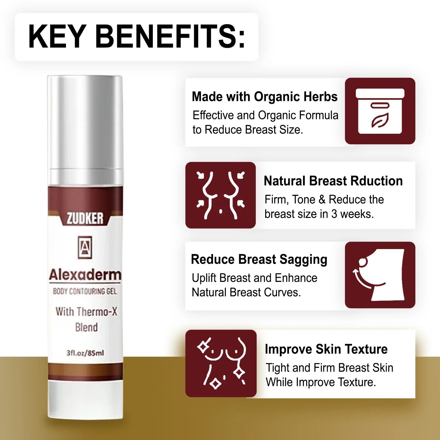 Alexaderm body contouring gel with key benefits listed on a white background