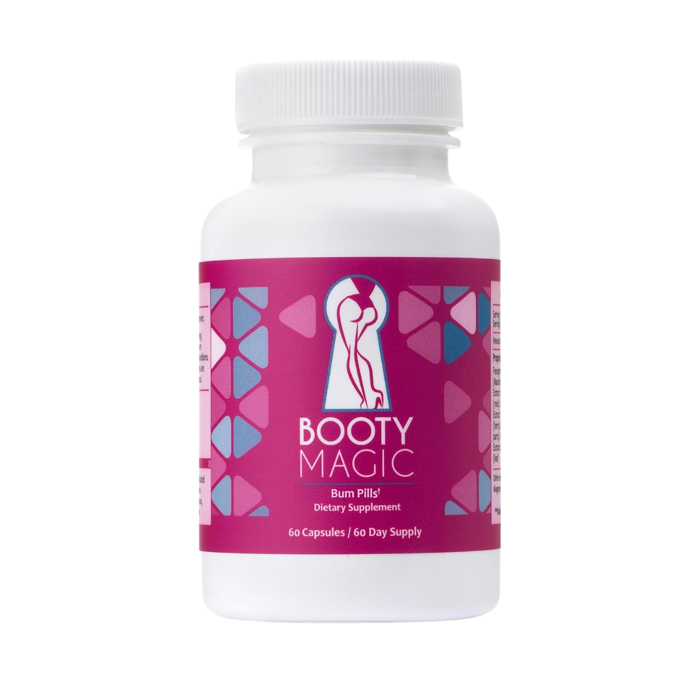 Bottle of 'Booty Magic' dietary supplement with a pink label on a white background