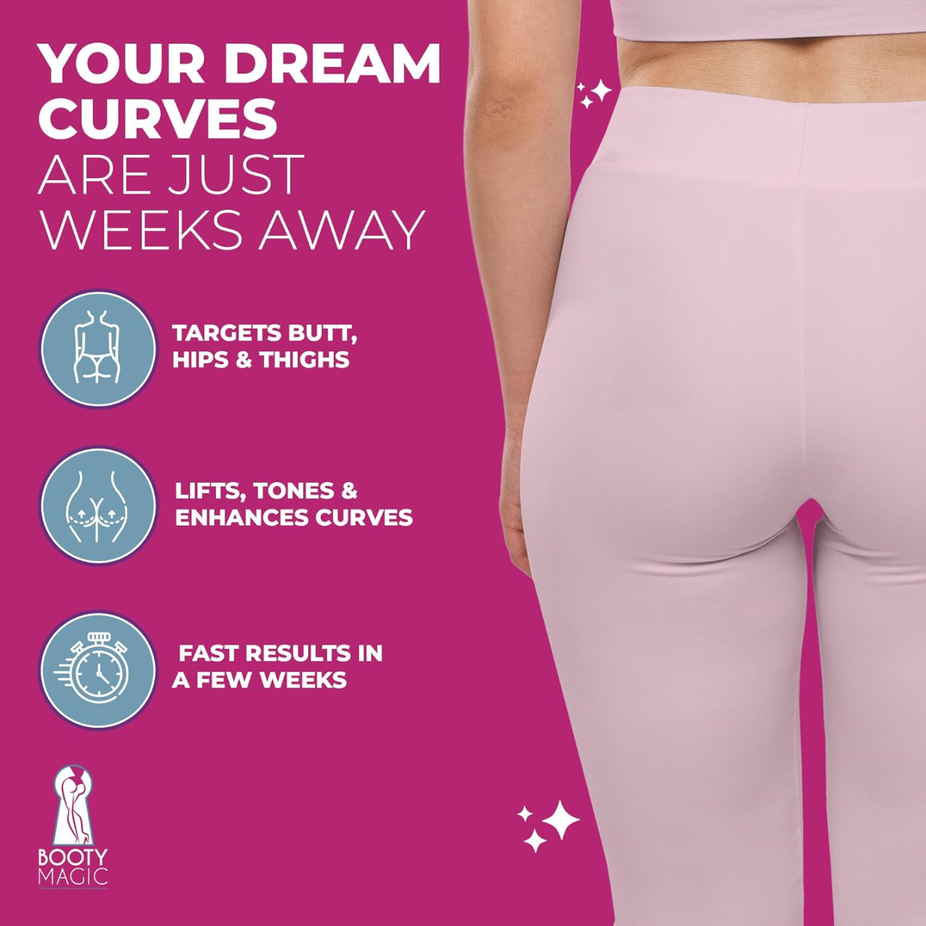 Promotional graphic for a product targeting butt, hips, and thighs with text on a pink background.
