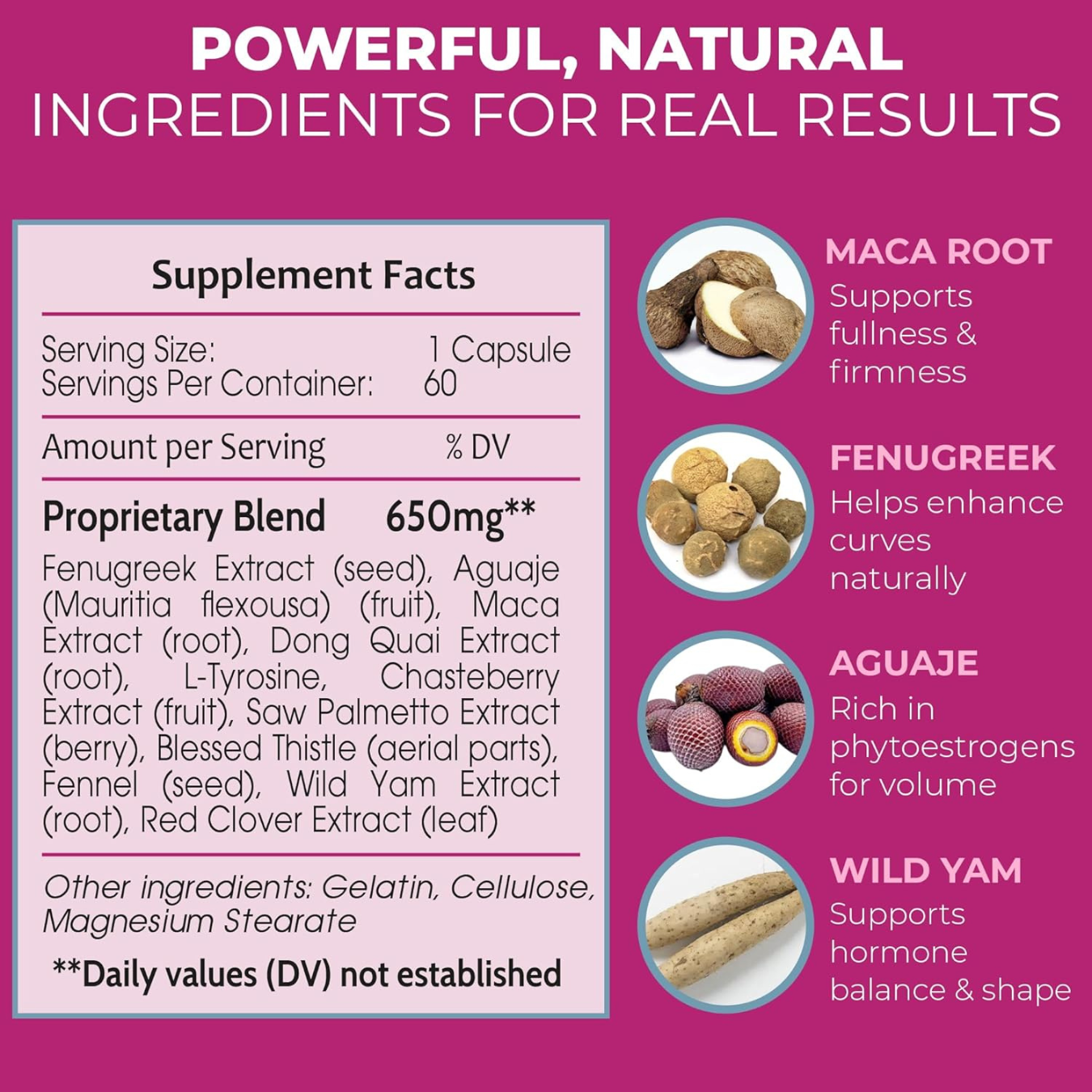 Supplement facts and ingredients listed on a pink background with images of maca root, fenugreek, aguaje, and wild yam.