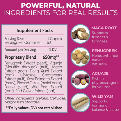 Supplement facts and ingredients listed on a pink background with images of maca root, fenugreek, aguaje, and wild yam.