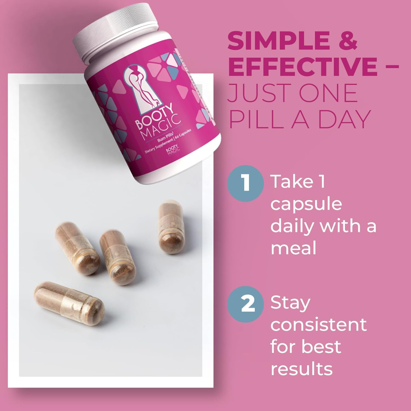 Booby Magic supplement bottle with capsules on a pink background