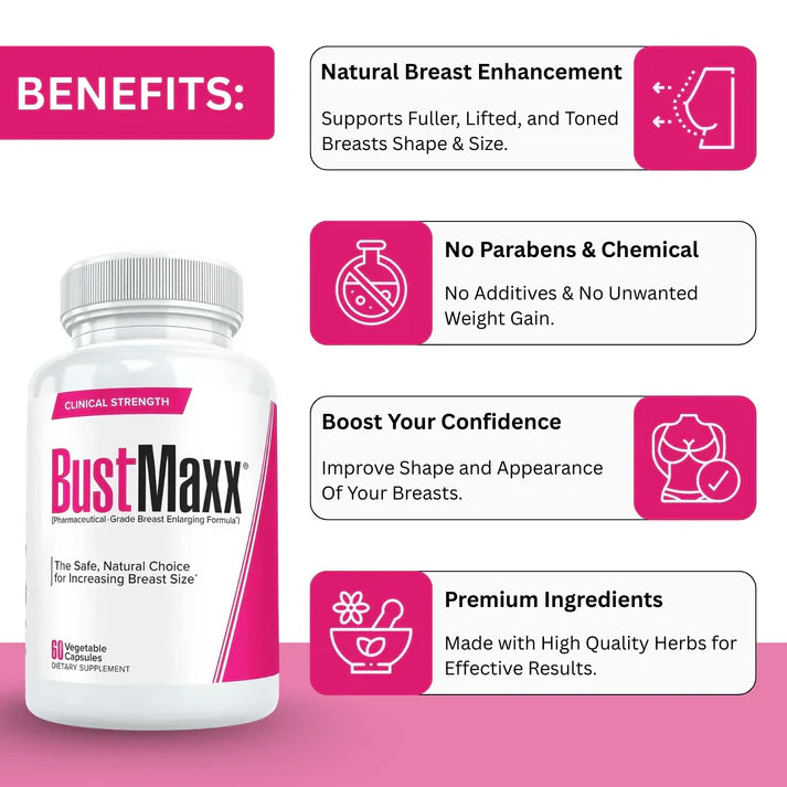 BustMaxx supplement bottle with benefits listed on a pink background