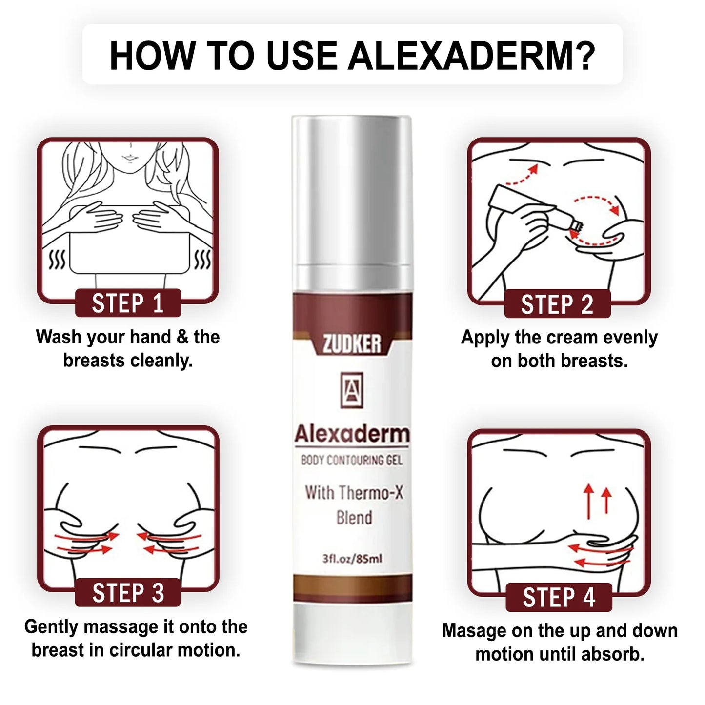 Alexaderm body contouring gel with usage instructions on a white background