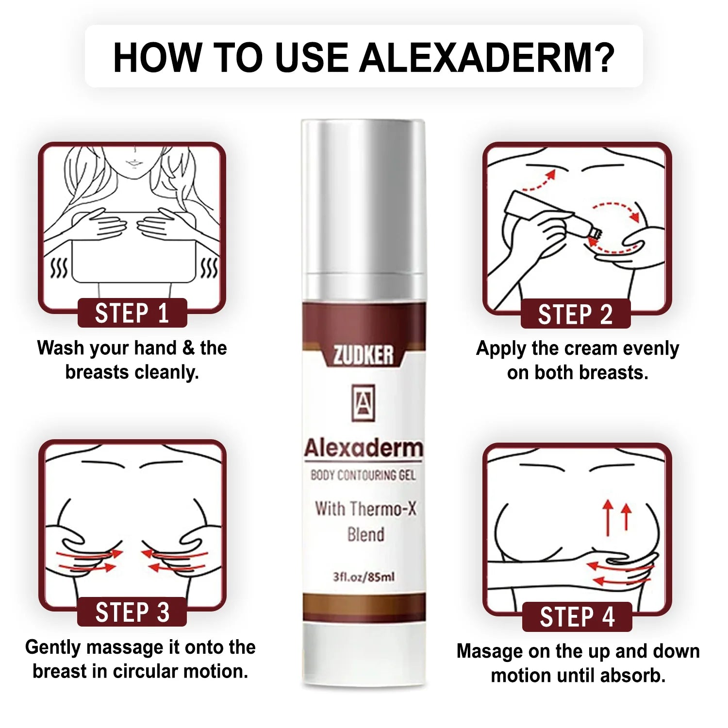 Alexaderm body contouring gel with usage instructions on a white background