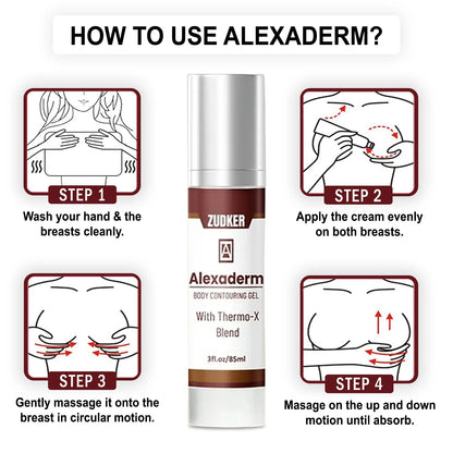 Alexaderm body contouring gel with usage instructions on a white background