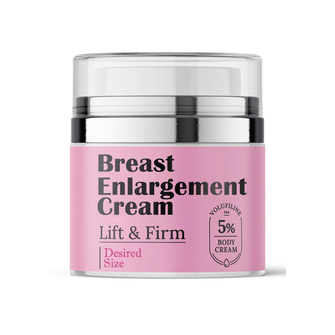 Jar of breast enlargement cream with pink label on a white background
