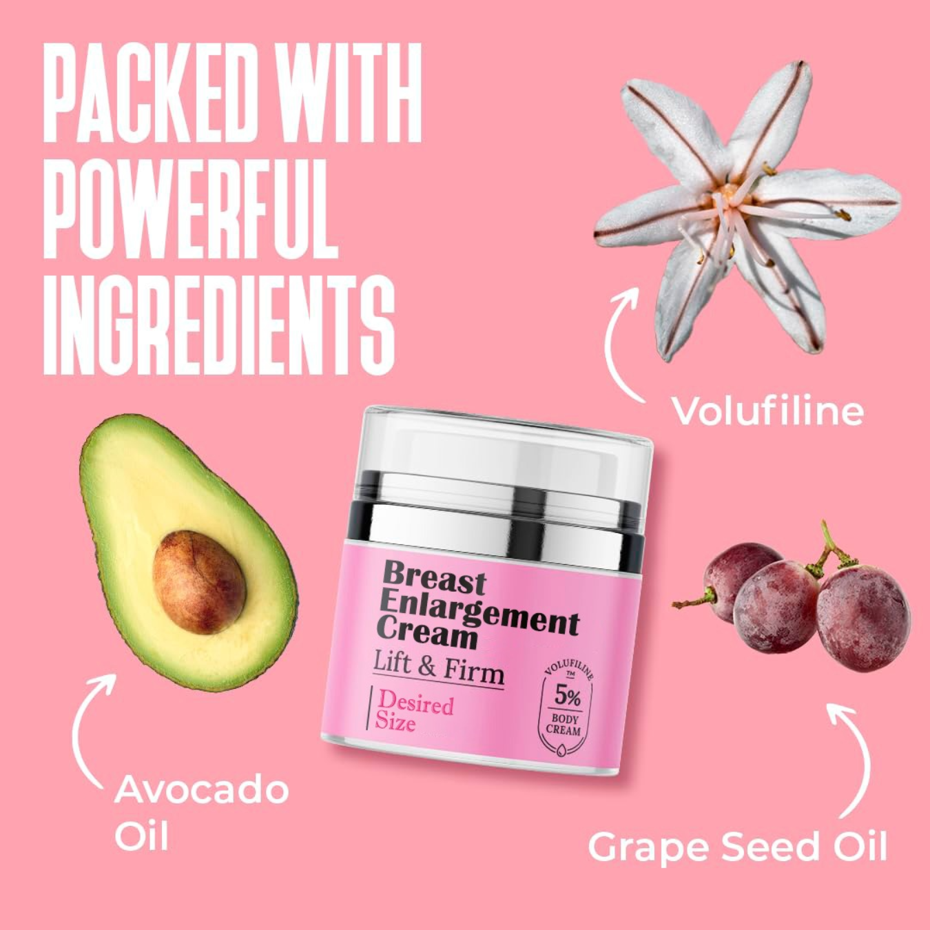 Pink breast enlargement cream jar with avocado, grape seed oil, and volufiline on a pink background