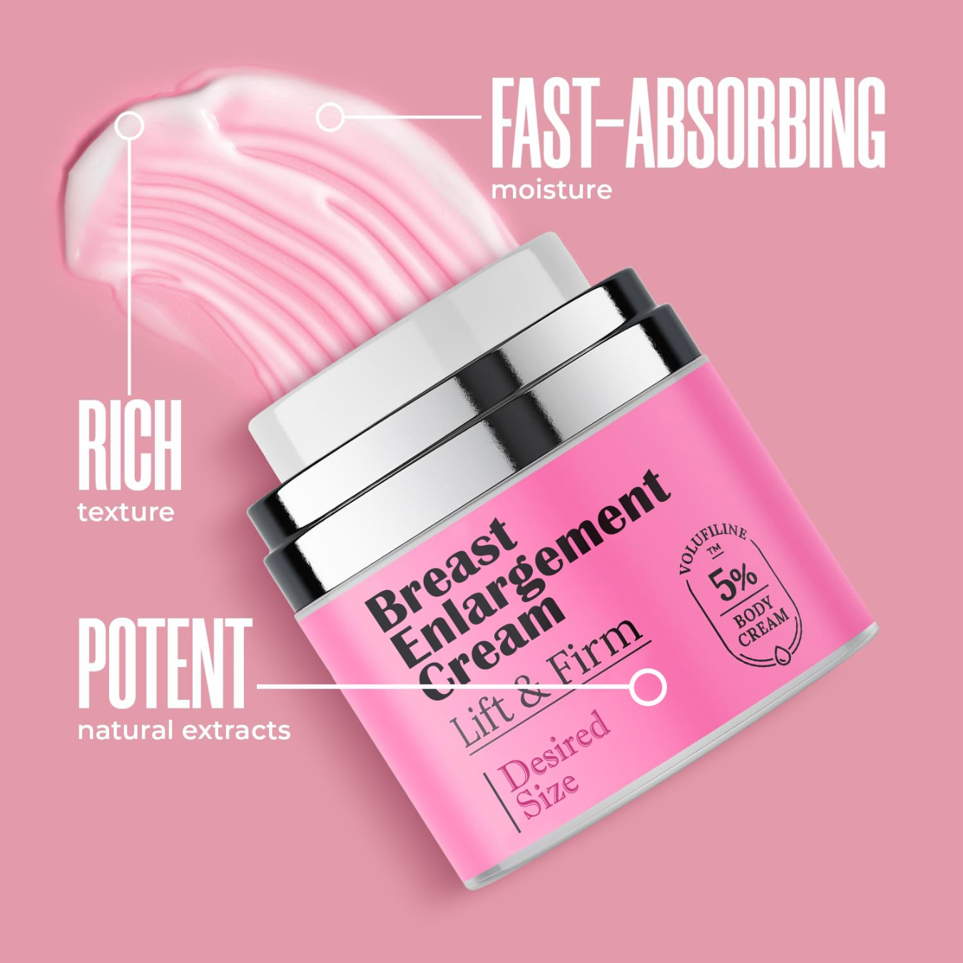 Pink breast enlargement cream with text highlighting features on a pink background