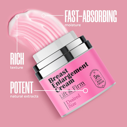 Pink breast enlargement cream with text highlighting features on a pink background