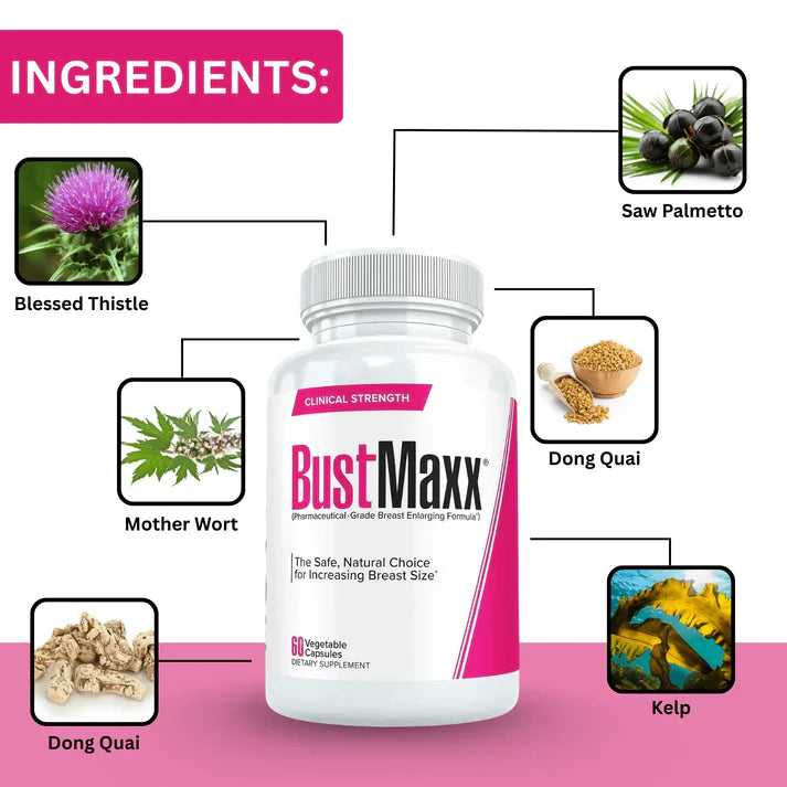 BustMaxx supplement bottle with ingredients listed on a pink background