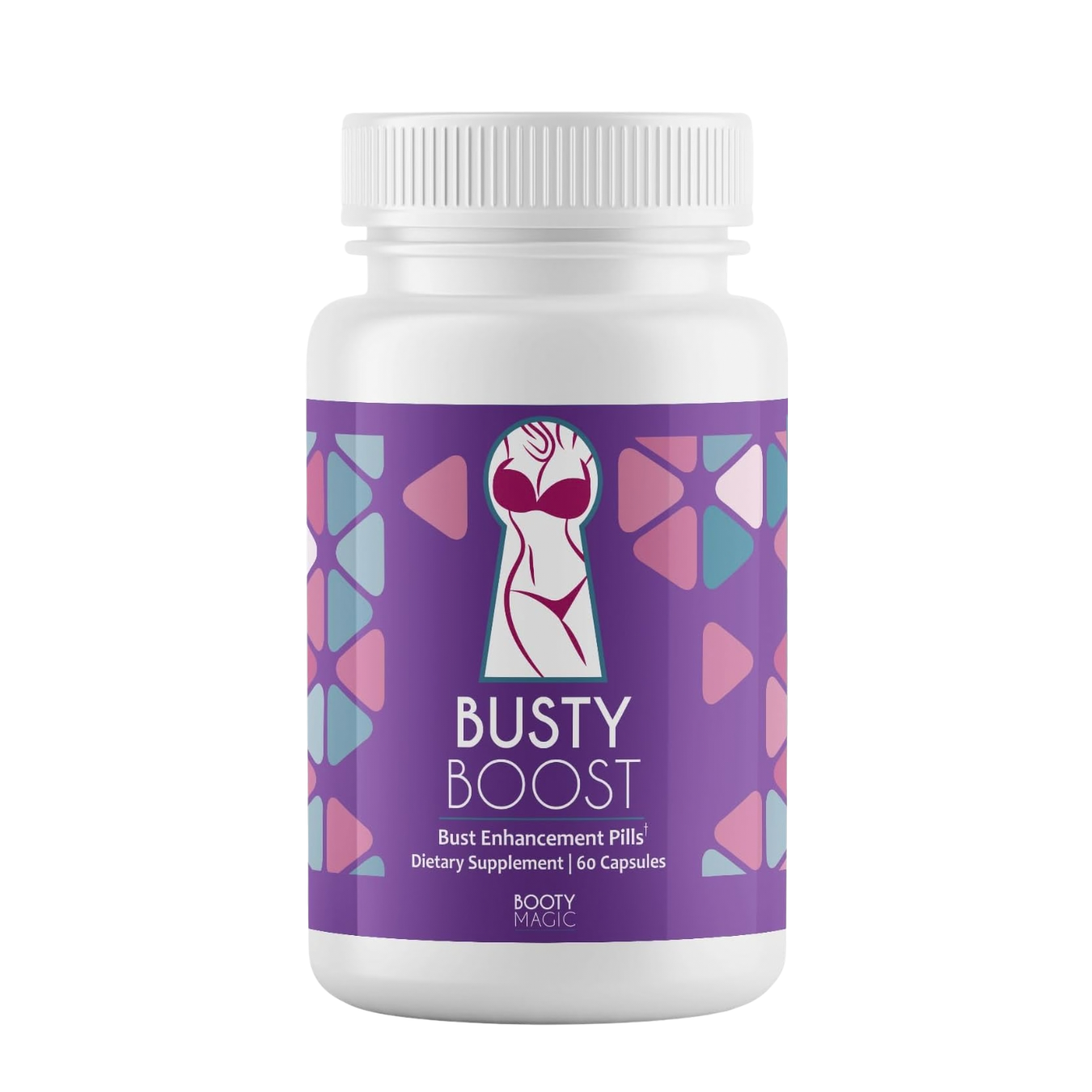 Bottle of Busty boost dietary supplement on a white background