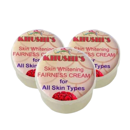 Three containers of Khushi's Skin Whitening Fairness Cream on a white background