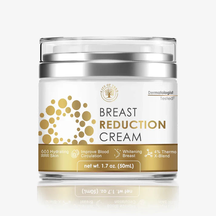 Jar of breast reduction cream with gold and white design on a white background