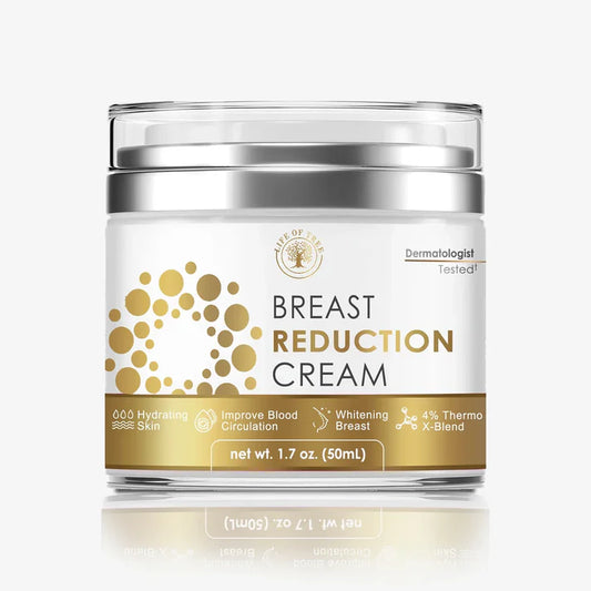 Jar of breast reduction cream with gold and white design on a white background