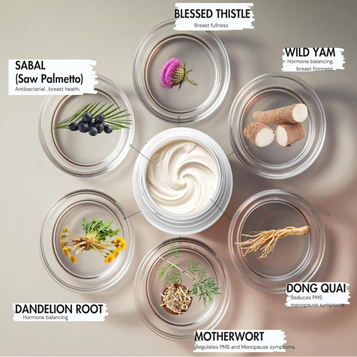 Herbal ingredients in glass containers with labels on a neutral background