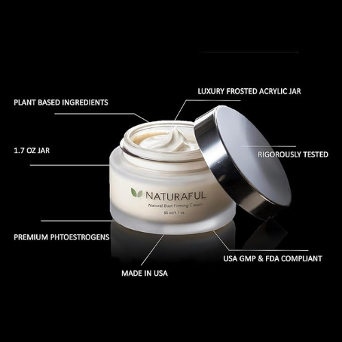 Naturaful cream jar with features highlighted on a black background