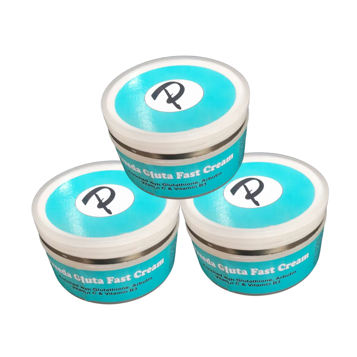 Three jars of 'P' brand cream on a white background