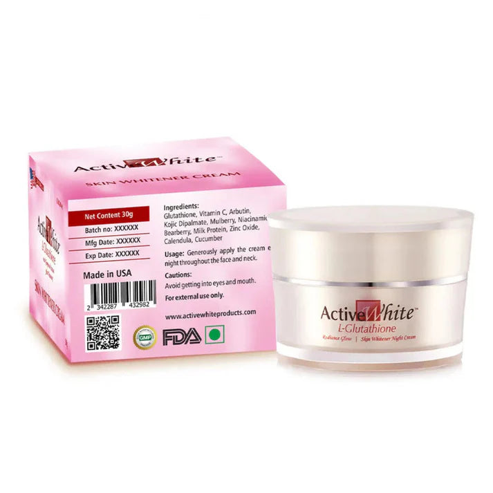 Active White skin whitening cream jar and pink box on a white background