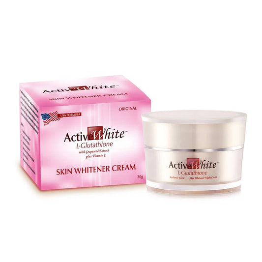 Activ White skin whitener cream jar and pink box on a white background