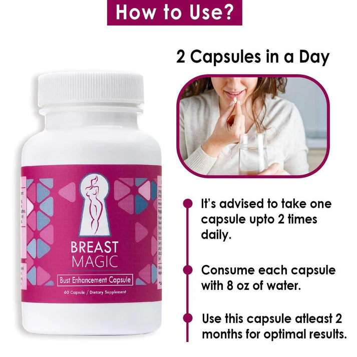 Bottle of Breast Magic capsules with usage instructions on a white background
