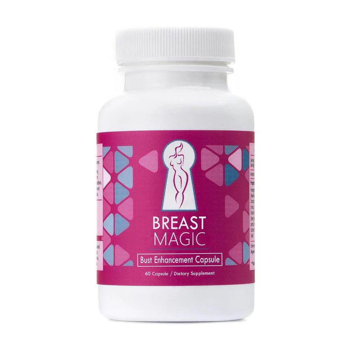Bottle of Breast Magic bust enhancement capsules on a white background