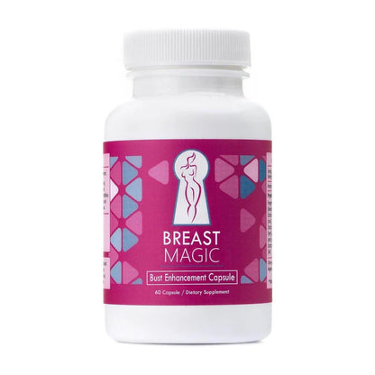 Bottle of Breast Magic bust enhancement capsules on a white background