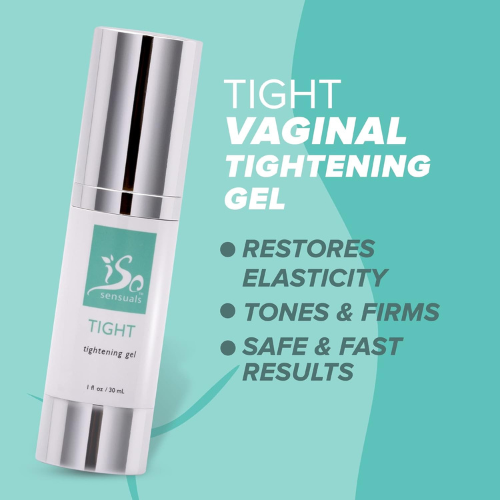 Sensuals Tight vaginal tightening gel bottle on a teal background with product benefits text.