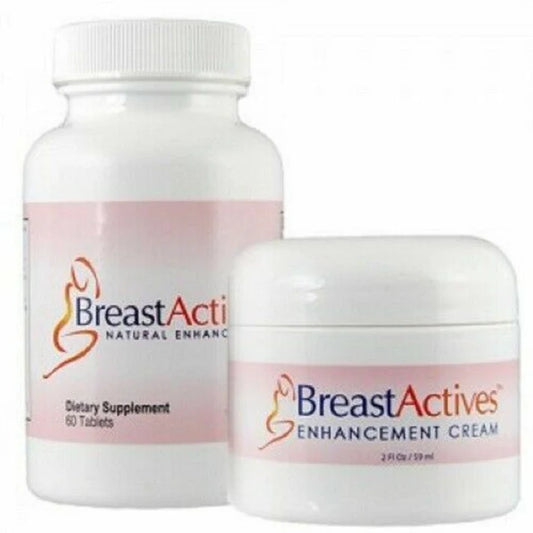Bottle and jar of BreastActives dietary supplement and cream on a white background