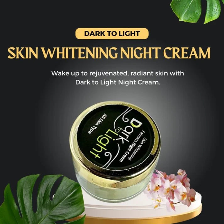 Skin whitening night cream jar with decorative elements on a dark background